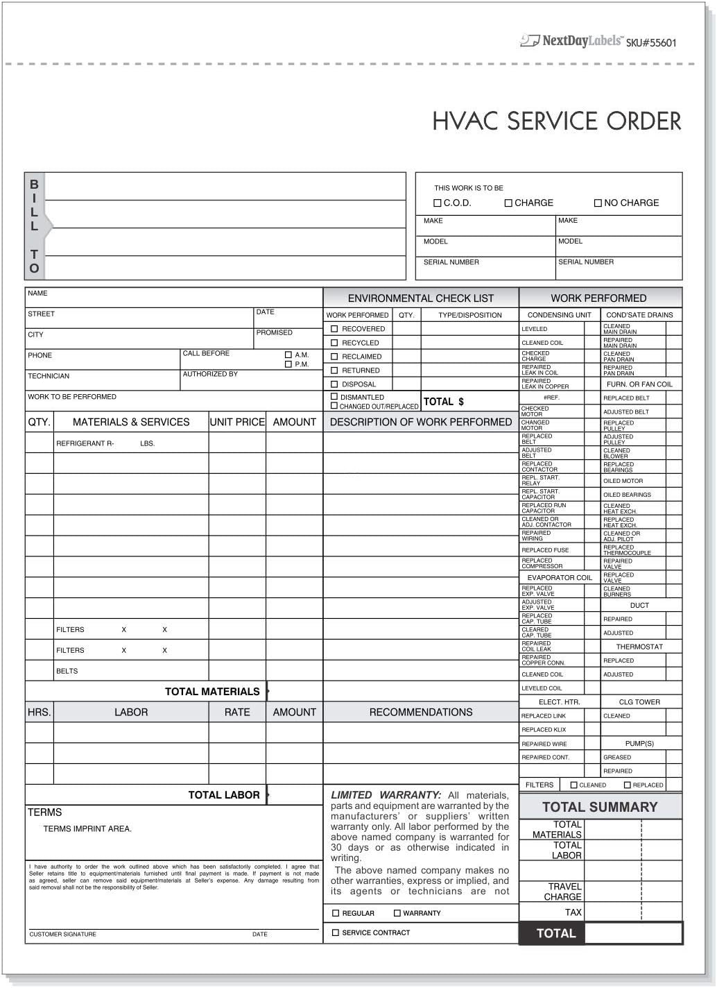 HVAC Service Order Invoice & Repair Detail Form, 3 Part Forms Carbonless (No Company Name Printed) 100 Sets