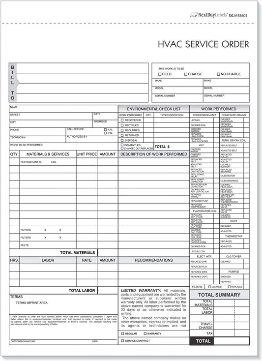 HVAC Service Order Invoice & Repair Detail Form, 3 Part Forms Carbonless (No Company Name Printed) 100 Sets