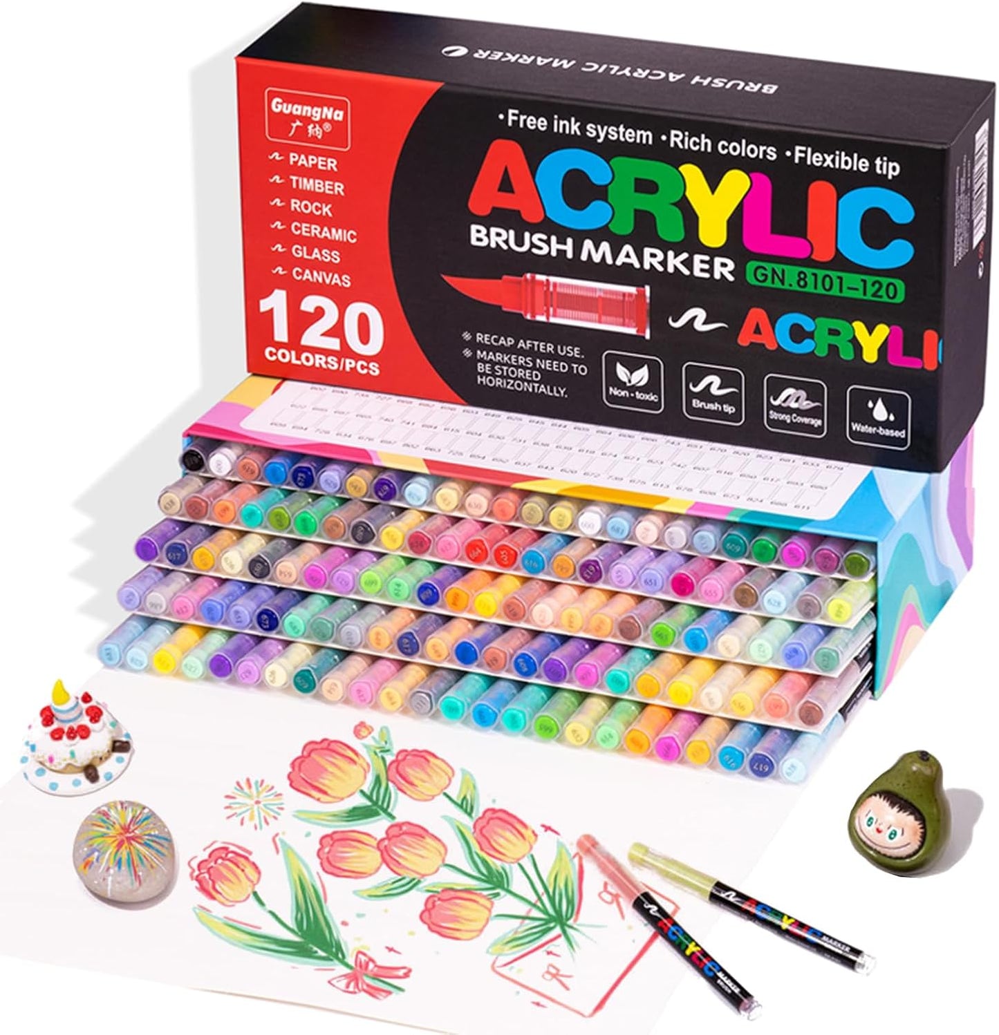 120 Color Paint Markers, Soft Brush Tip Acrylic Paint Pens, Quick-Drying Waterproof Markers for Canvas, Rock, Wood, Stone, Glass, Ceramic, Fabric Painting