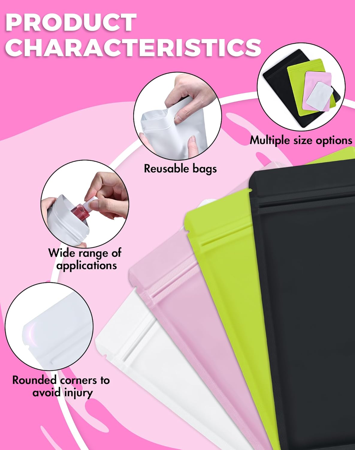 100 Pack Resealable Packaging Bags for Small Business Double-Sided Color Smell Proof Bags for Food Storage Flat Bags (White, 2.7" x 3.8")