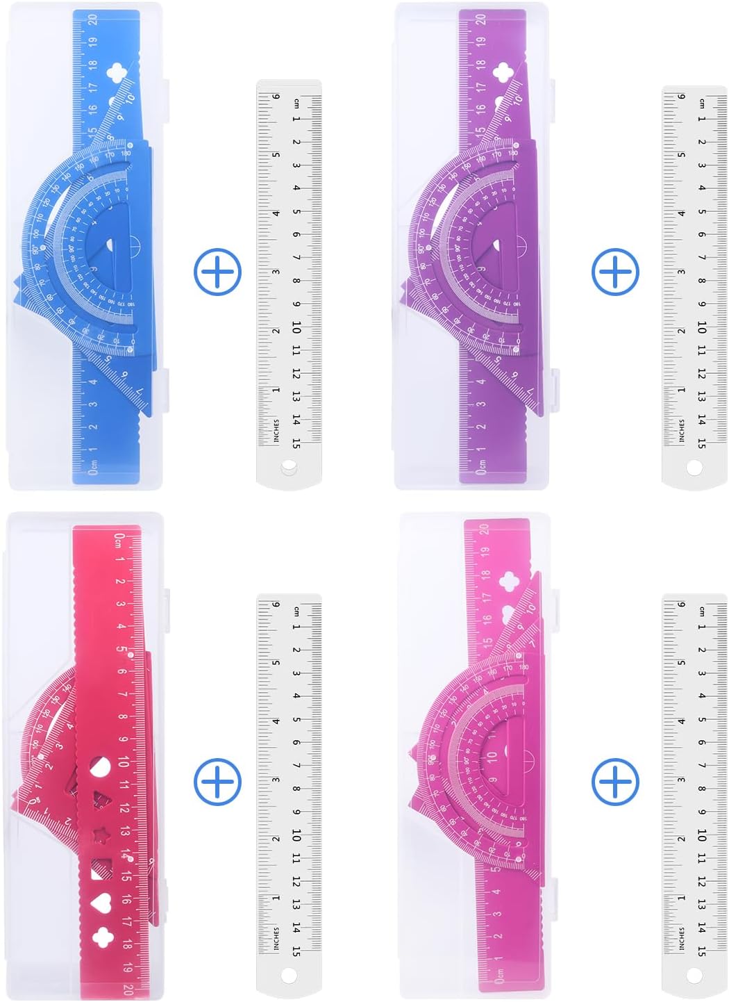 Honagu Triangular Ruler Set, 4+1Pieces Aluminum Alloy Ruler, Metal Drafting Ruler, Geometric Protractor for Students, School Office Supplies (Red, 20cm)