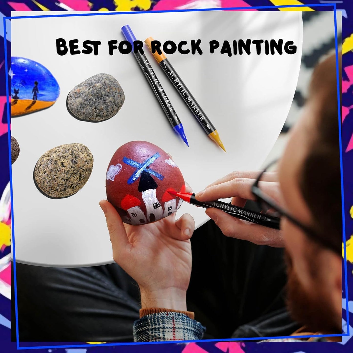 48 Colors Dual Tip Acrylic Paint Markers,Fine Tip and Brush Tip Permanent Acrylic Paint Pens For Rock Painting, Canvas, Wood, Glass, Ceramic, Fabric, Plastic, Egg, Scrapbook,Art Painting Supplies Kit