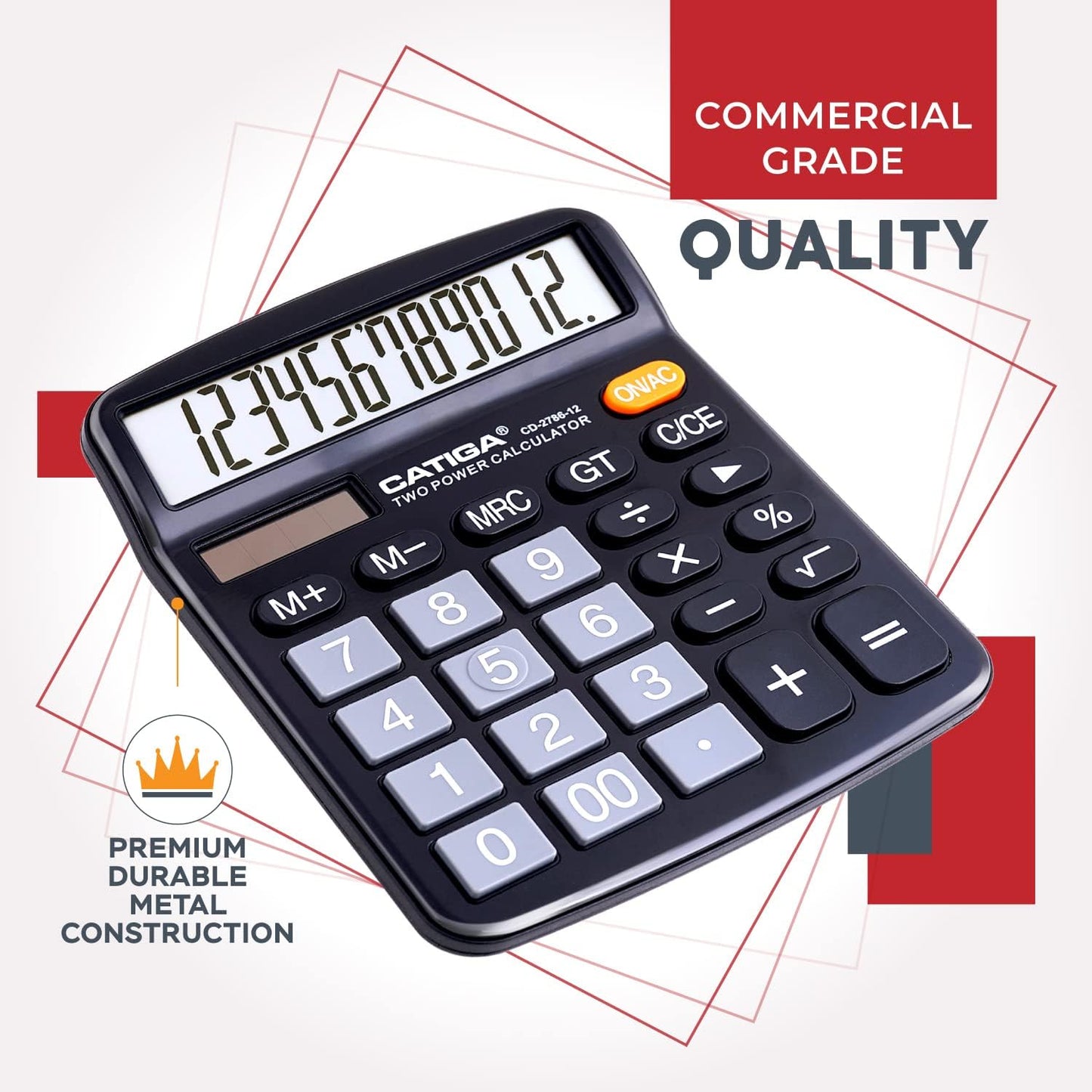 CATIGA 12 Digits Desktop Calculator with Large LCD Display and Sensitive Button, Dual Solar Power and Battery, Standard Function for Office, Home, School, CD-2786