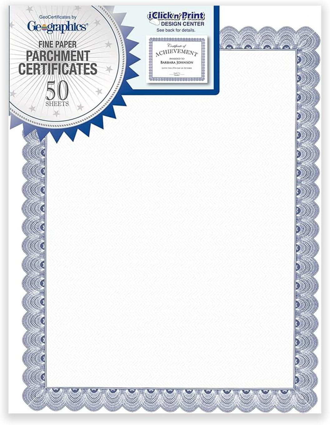 Blank Parchment Award Certificate Paper, 8.5 x 11", Elegant Blue Border Design (Pack of 50)