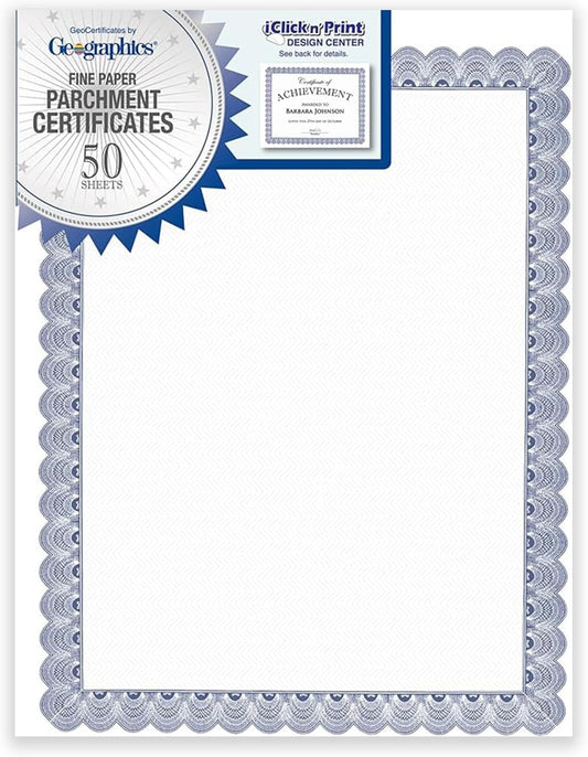 Blank Parchment Award Certificate Paper, 8.5 x 11", Elegant Blue Border Design (Pack of 50)