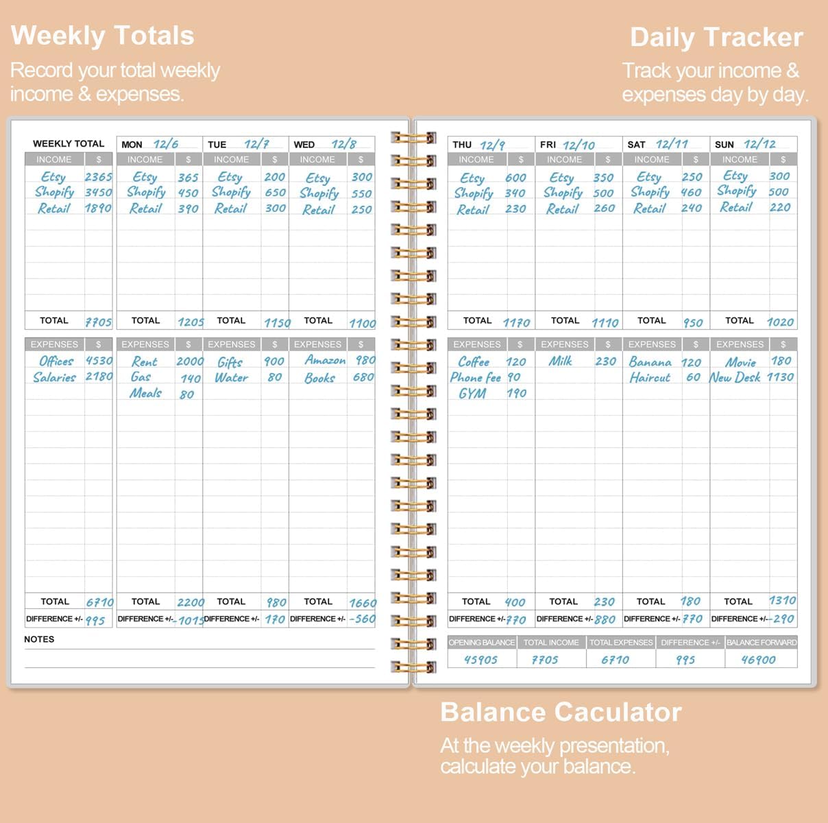 Heveboik Income & Expense Log Book - A5 Income and Expense Tracker for Small Business, Accounting Bookkeeping Tracking for Woman and Man, 5.8" x 8.3", Rose Leaf