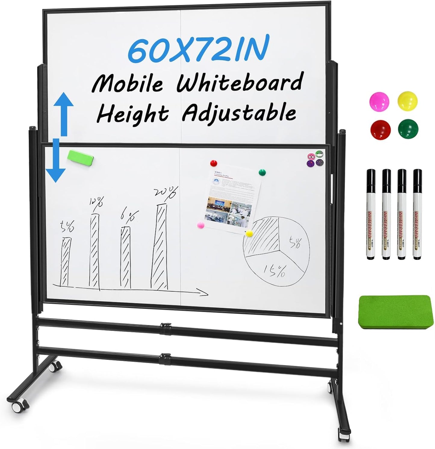 72x60 Inch Large Rolling Dry Erase Whiteboard | Height Adjustable Standing Easel with Wheels | Magnetic Double-Sided Board for Office, Home & Classroom | Teaching Supplies