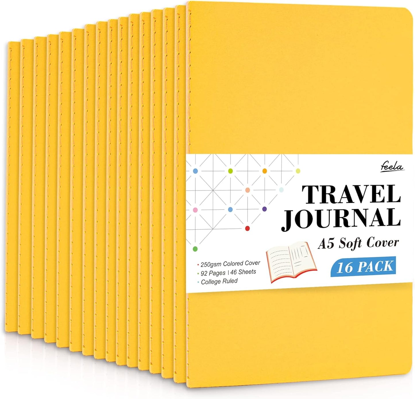 16 Pack Soft Cover Journal Bulk, Feela Lined Notebooks College Ruled for Work for Women Girl Writing, Blank Travel Journal Note Taking Notebook School Business Supplies, 8.2” x 5.5”, A5, Yellow