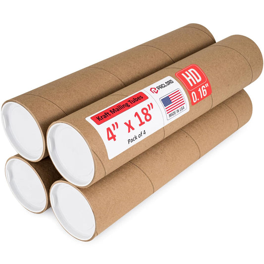 4" x 18" Heavy-Duty Reinforced Cardboard Mailing Tube, Pack of 4 Tubes with 8 Caps – Secure USPS Approved – Great for Shipping and Storing of Prints, Artwork, Posters or Documents