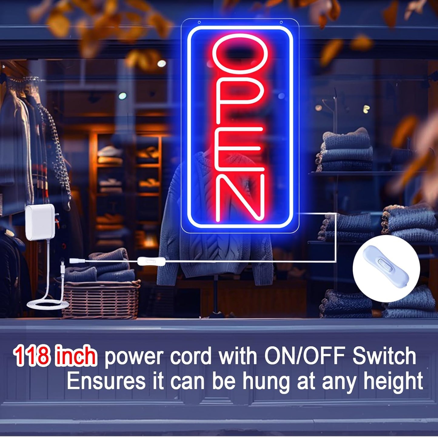 16.5" X 9" Led Neon Open Signs for Business Ultra Bright Plug In Electric Light Up Open Signs with ON/OFF Switch and 12V/2A AC Adapter for Storefront Window Bar Salon Coffee Stores (Vertical)