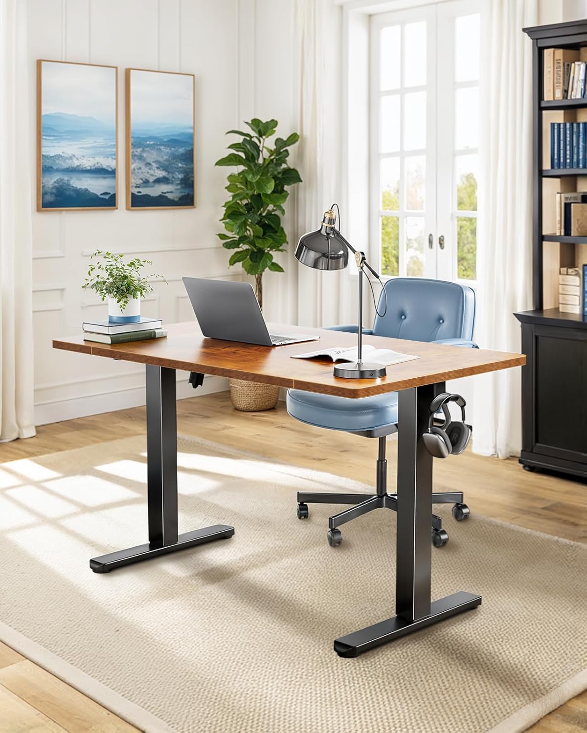 HUANUO 48 x 24 inch Electric Standing Desk, Height Adjustable Table with Headphone Hooks & Cable Manager, Sit to Stand up Desk for Home Office, Vintage Brown