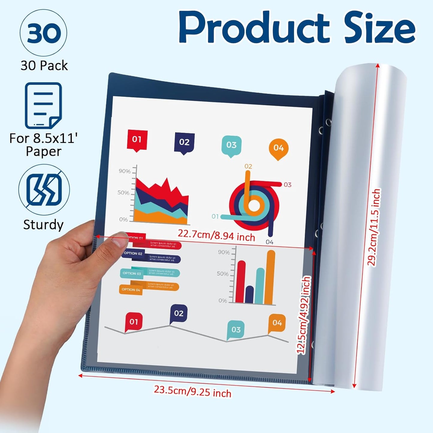 30 Pcs Clear Front Report Covers, Report Covers with 3-Prong Fasteners, Clear Front Presentation Folders for School Office Business, Navy Blue