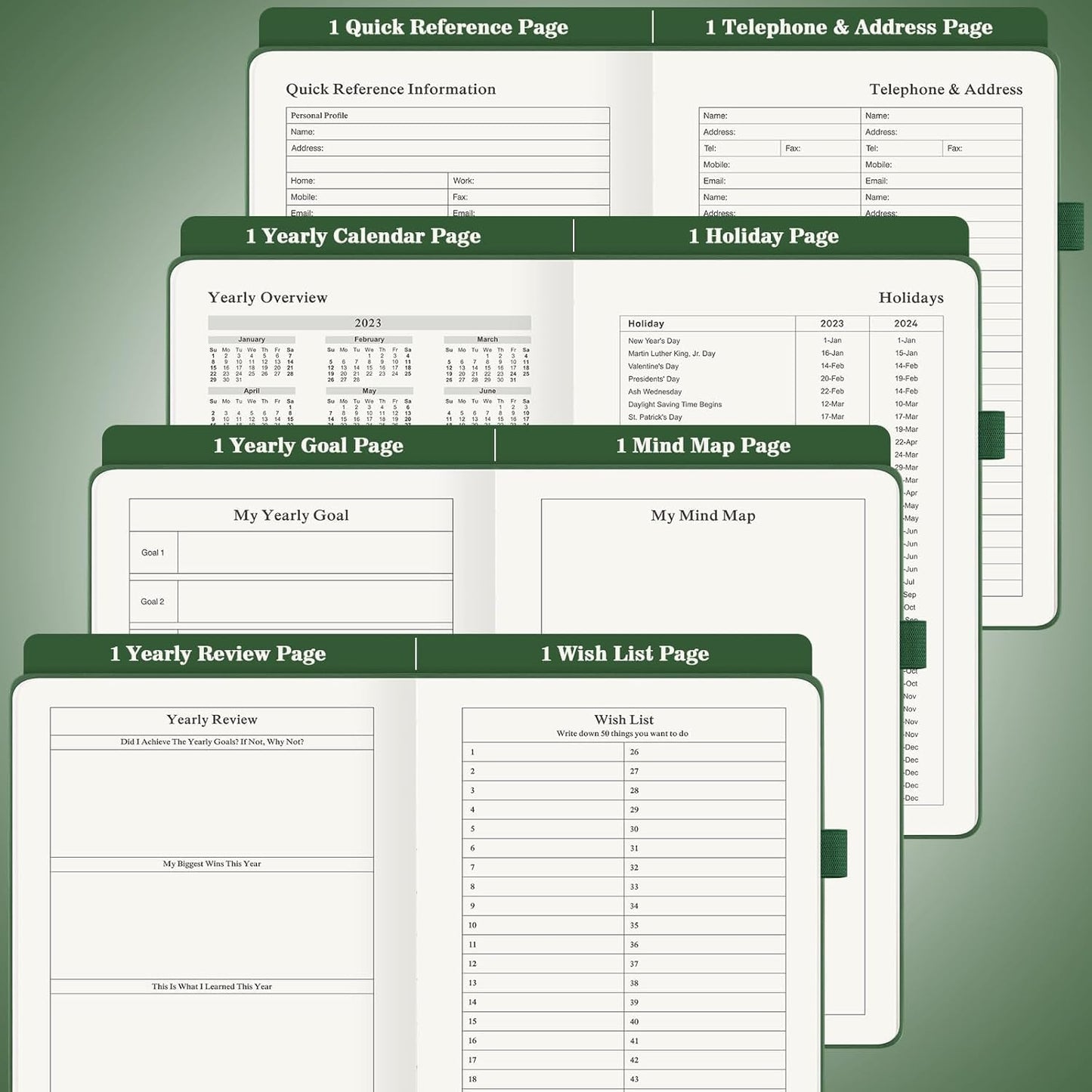 Asten Planner, Undated Daily Planner with To Do List, 365 Days Planner for ADHD Adult, Agenda for, Hourly Planner Notebook for Goal Setting, Productivity Planner with Calendar, 8.3'' x 5.8'' (Green)