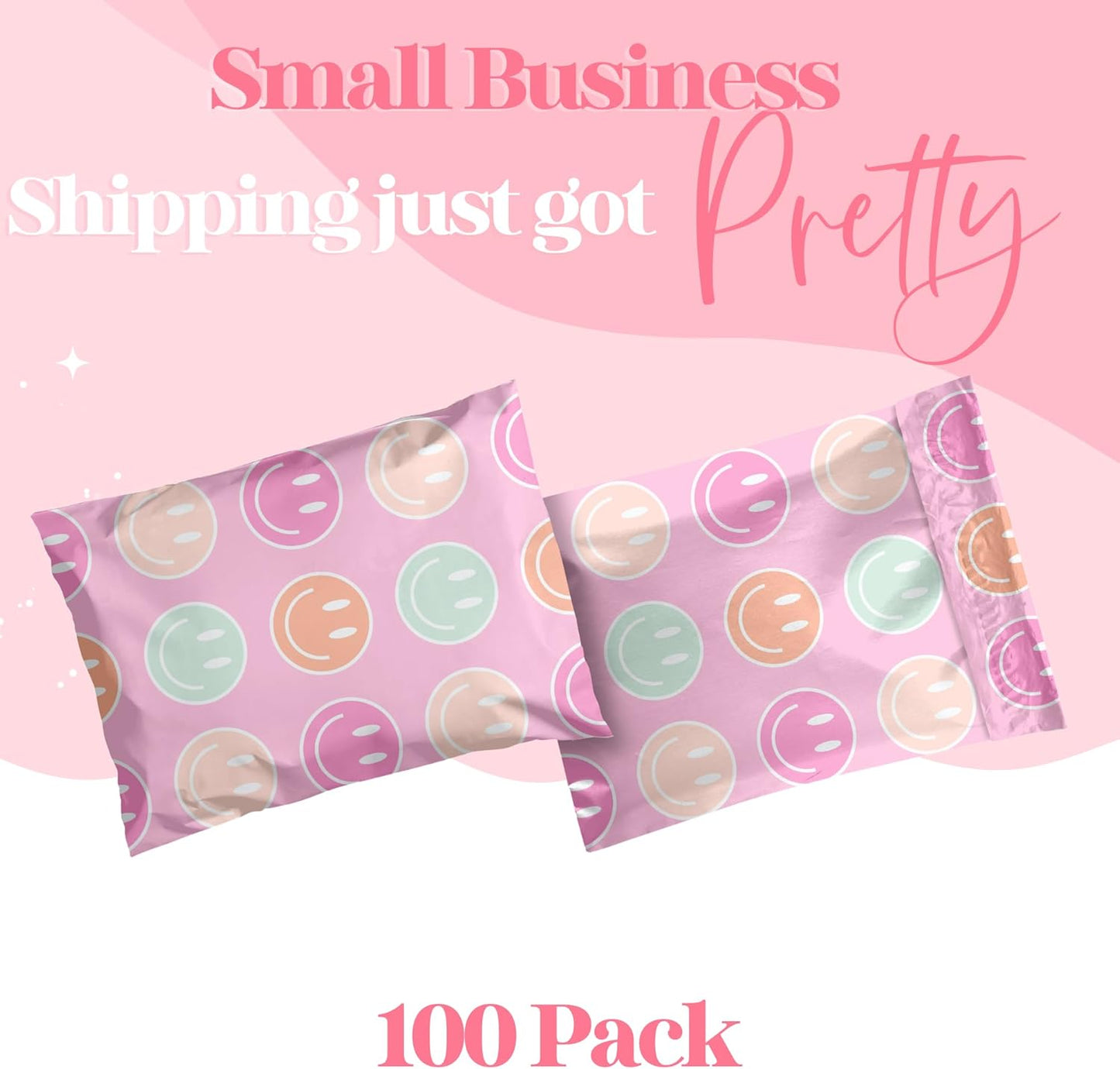 6x9 Designer Poly Mailer 100 Pack Heavy Duty Waterproof Self Seal Shipping Bags for Small Business Large Mailing Envelopes Bulk Tear Resistant Cute Packaging Smiley Face