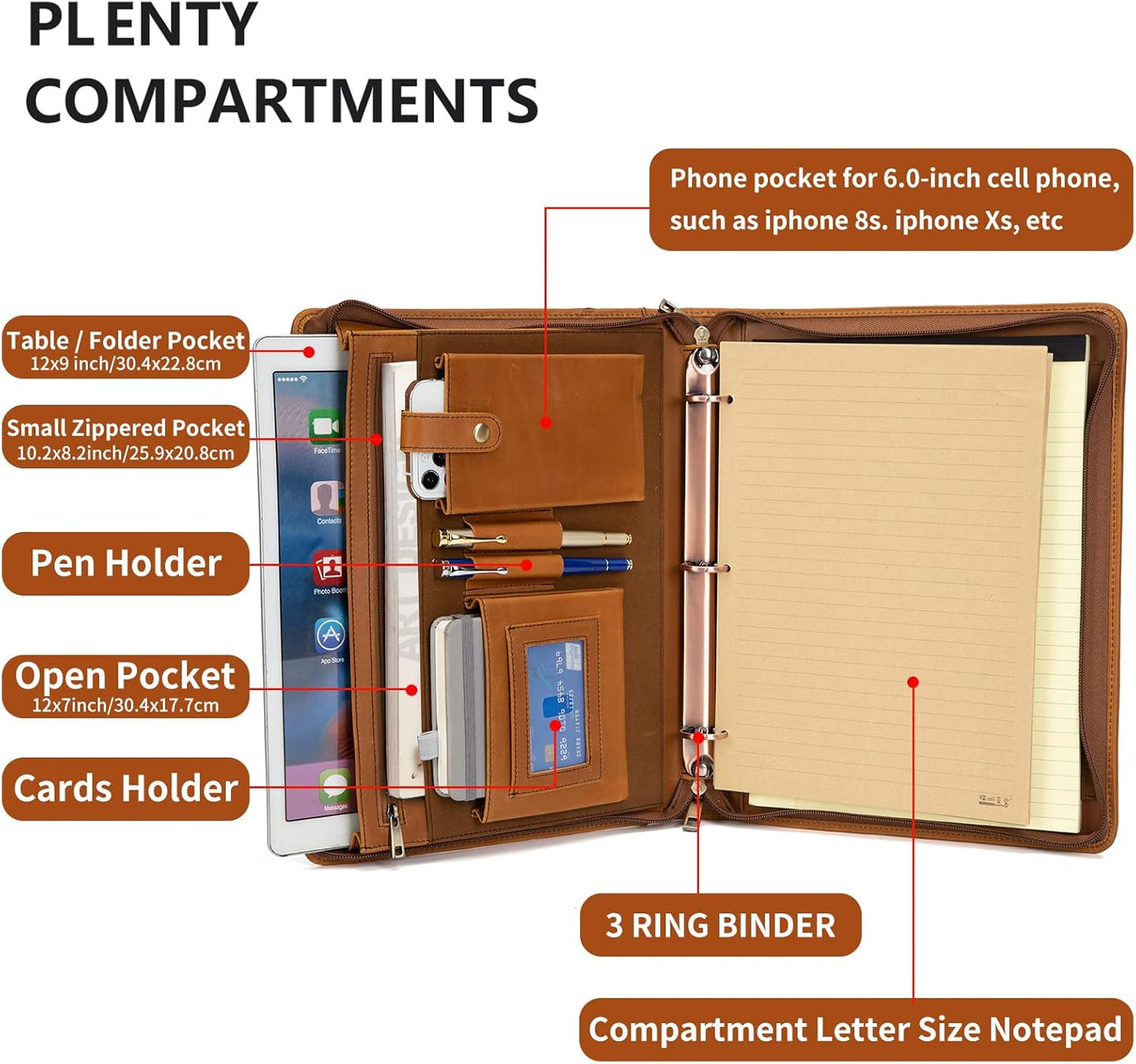 Professional Leather Business Padfolio Portfolio Case, 3 Ring Binder,Zippered Business Document Organizer Folder Tablet Pad Folio,with Letter Size Notepad (Brown Standard)