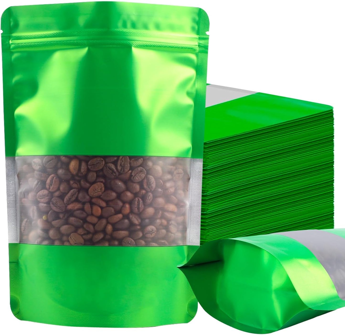 100 Pack Smell Proof Bags, Resealable Green Mylar Bags with Matte Window, Foil Pouch Stand Up Sealable Bags for Packaging, 6.29 × 9.44 Inch