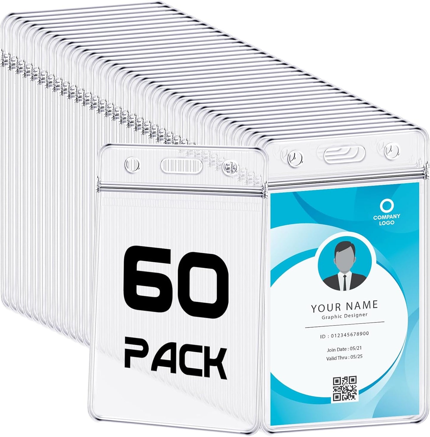 BESARME 60 Pack Vertical ID Card Badge Holder Clear Plastic Sealable Waterproof Zip Name Tag for Work Office Nurse School