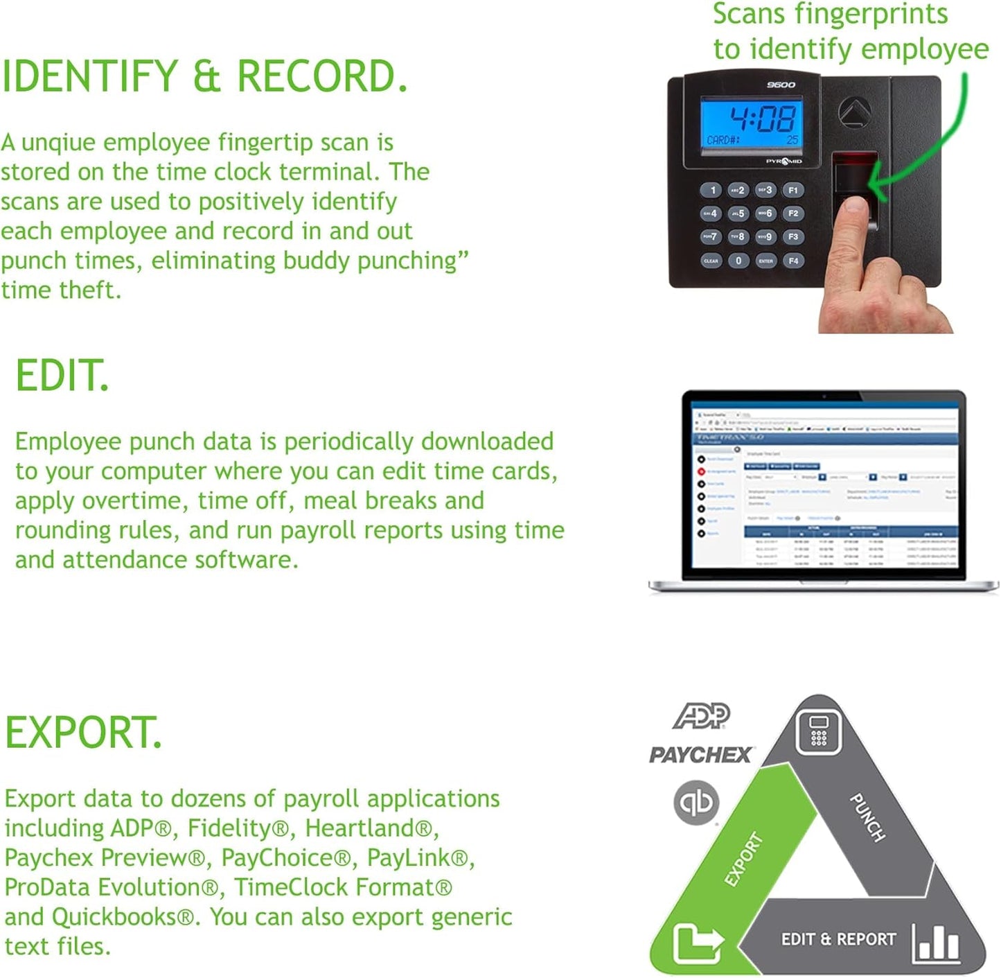 Pyramid Time Systems - Pyramid TimeTrax Elite [TTELITEEK] Automated Biometric Fingerprint Time Clock for small Business, Employee In/Out Time Tracker with Software Download, Windows Compatible - Black