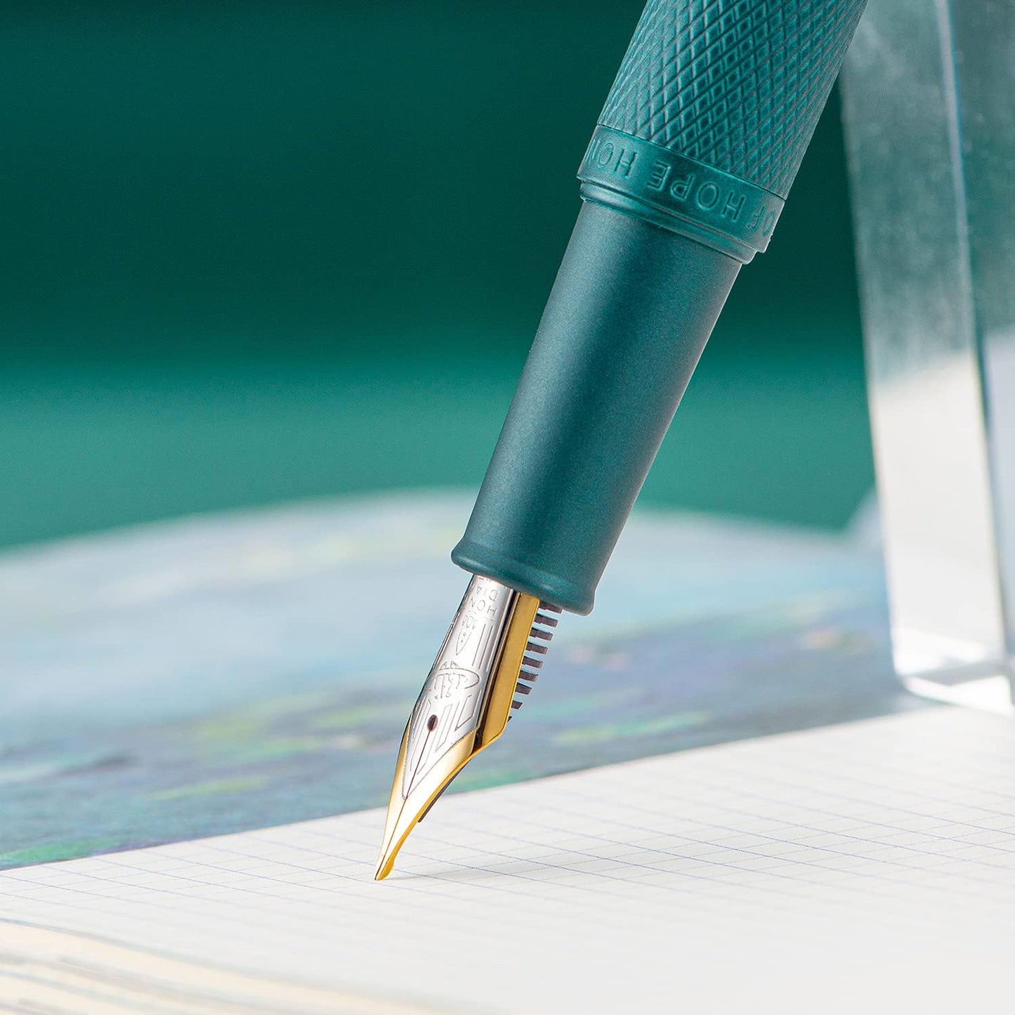 Hongdian Green Forest Fountain Pen Blade Nib Classic Design Calligraphy Pen with Converter and Metal Pen Case Set