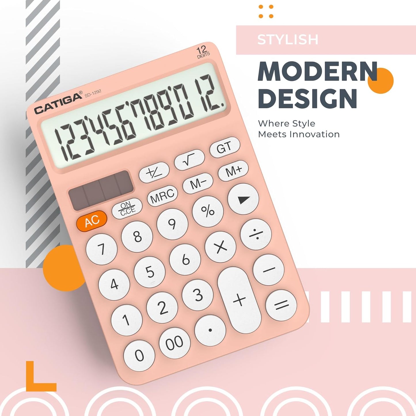 CATIGA 12 Digit Desktop Calculator Basic Desk Calculator with Large LCD Display, Big Buttons, 4 Function, Solar and Battery Dual Power, for Office, School, Home, SD-1292 Pink