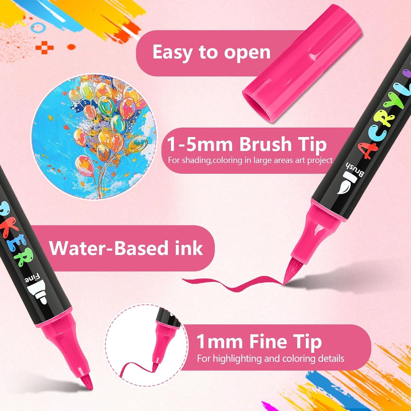 IVSUN Acrylic Paint Pens, 60 Colors Dual Tip Paint Markers with Fine Tip and Brush Tip for Stone, Wood, Canvas, Calligraphy, Ceramic, Metal, Glass, Rock Painting, DIY Crafts Art Supplies Kit