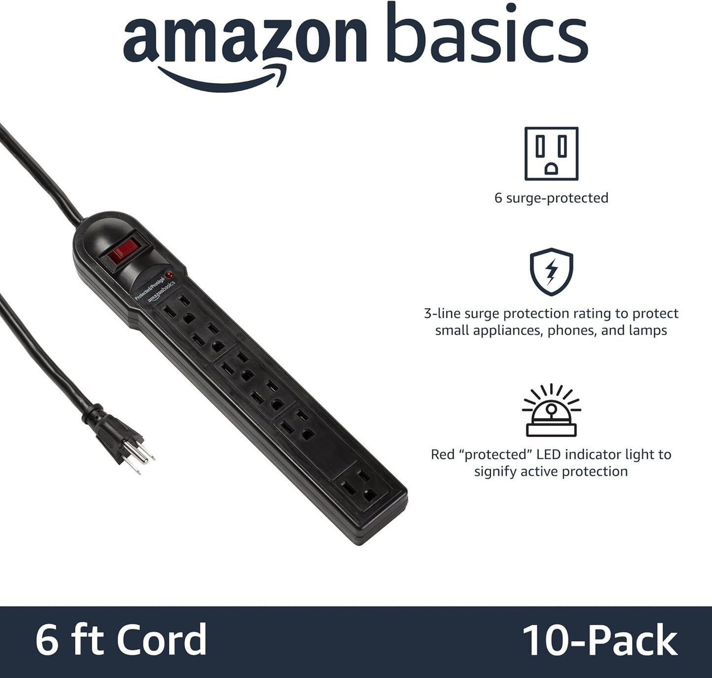 Amazon Basics Surge Protector Power Strip, 6-Outlet, 790 Joules, LED Indicator, 6ft Extension Cord, 10-Pack , Black