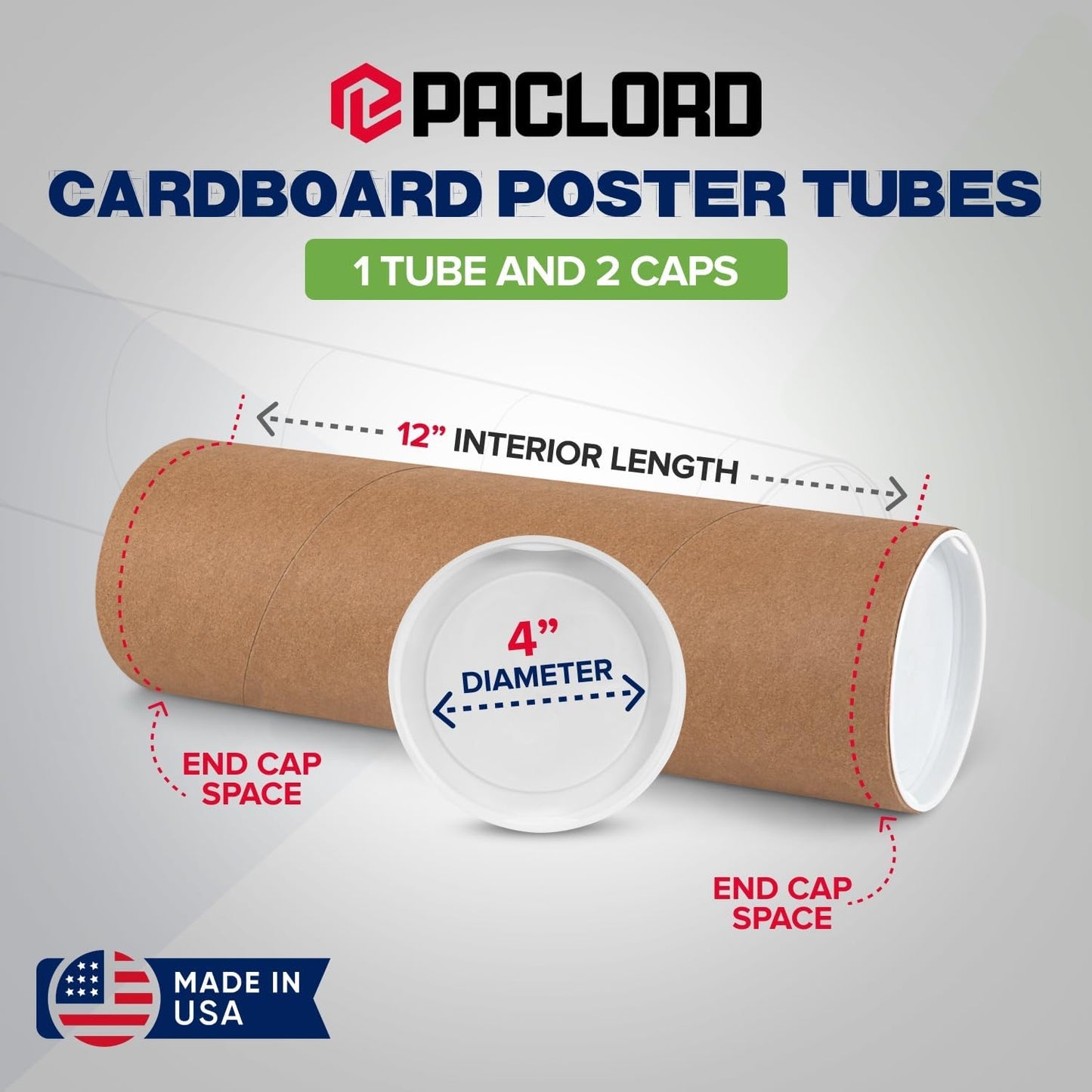 4" x 12" Reinforced Kraft Paper Mailing Tube, Pack of 1 Tube with 2 Caps – Secure USPS Approved Poster Tube – Cardboard Tube for Shipping and Storing Posters, Prints, Artwork, or Documents