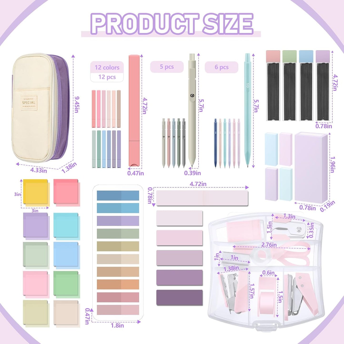 60 Pcs Aesthetic Book Annotation Kit School Supplies Cute Pencil Case with Highlighter Gel Pen Mechanical Pencil Magnetic Bookmarks Transparent Sticky Note Tabs Student Stationary(Purple)