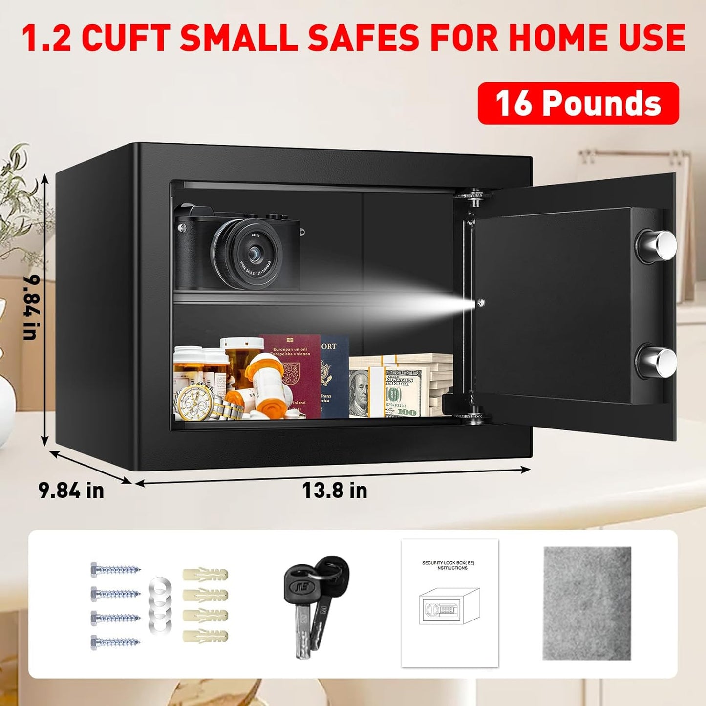 1.2 Cubic Feet Small Fire Safe Box for Home, Fireproof Lock Box, Security Money Safe with Digital Keypad, Spare Keys and Removable Shelf, Personal Home Safes for Money, Jewelry, ID Documents