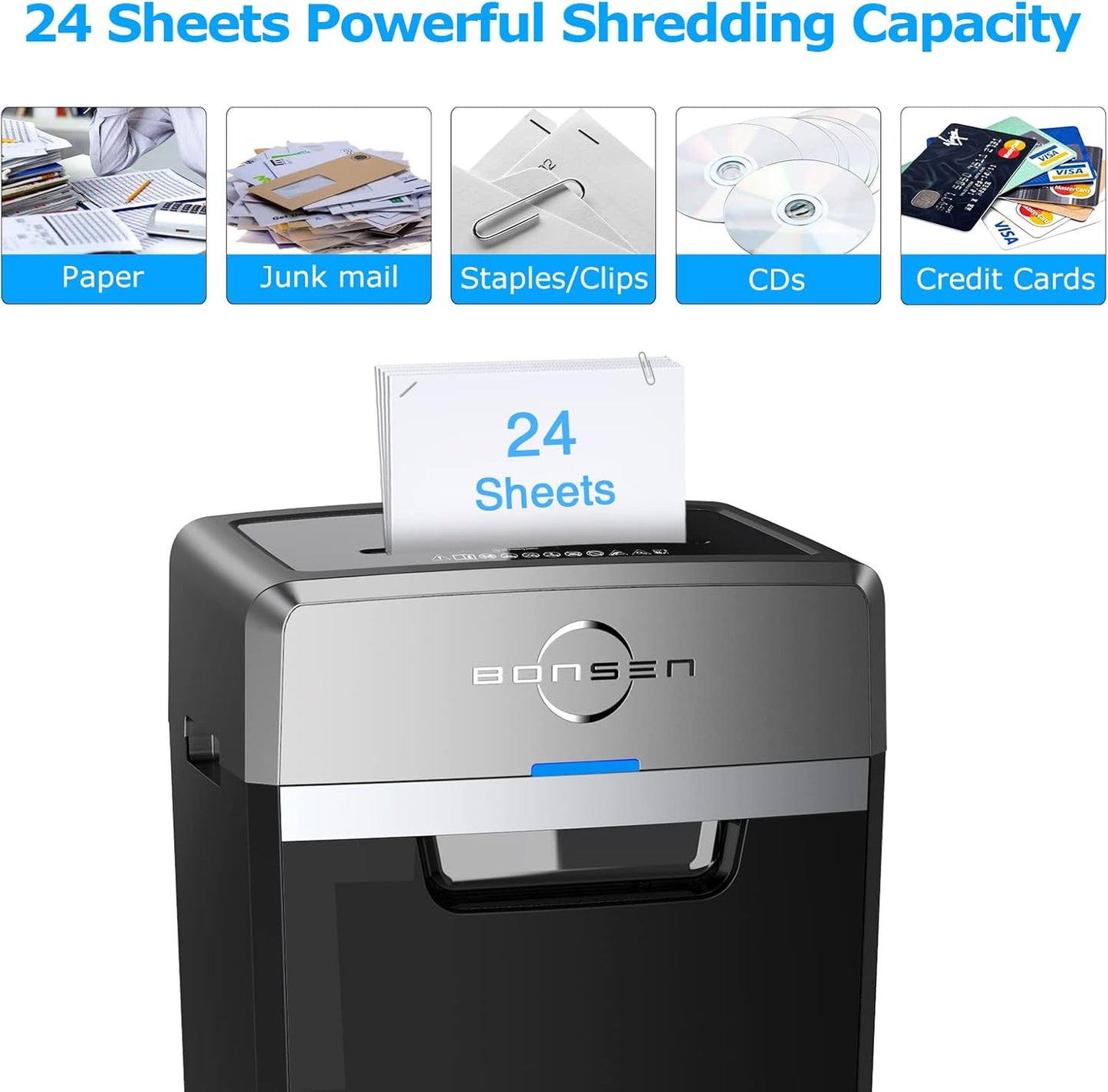 BONSEN Heavy Duty Paper Shredder, 24-Sheet Cross-Cut Shredder, 40-Min Continuous Running Time, Commercial Grade Shredder for Office, 9-Gallon Big Basket, 55dB Super Quiet, P-4 High Security (S3105)