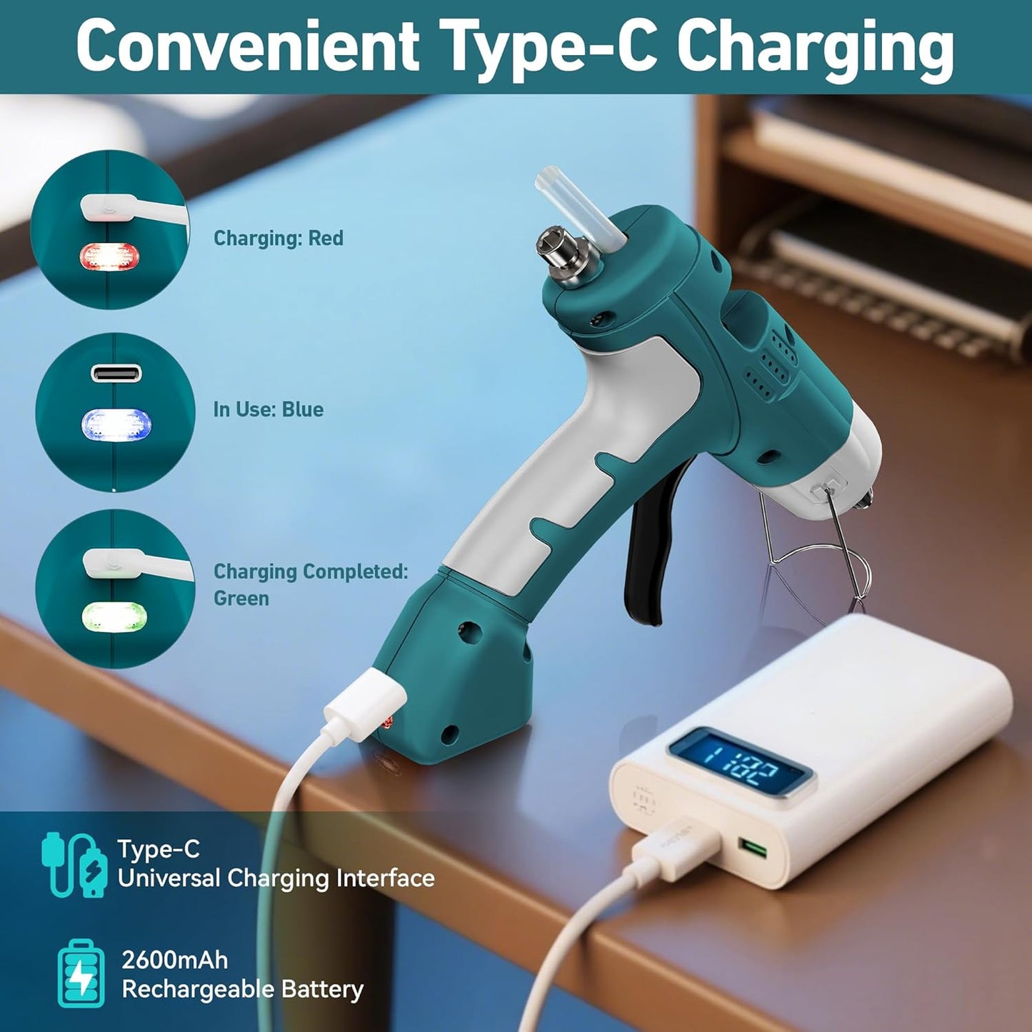 20W Cordless Hot Glue Gun with Type-C Charger,Fast Heating Mini Glue Gun and Sticks Set with 30 PCS Glue Sticks for DIY&Arts&Crafts,Home Repair