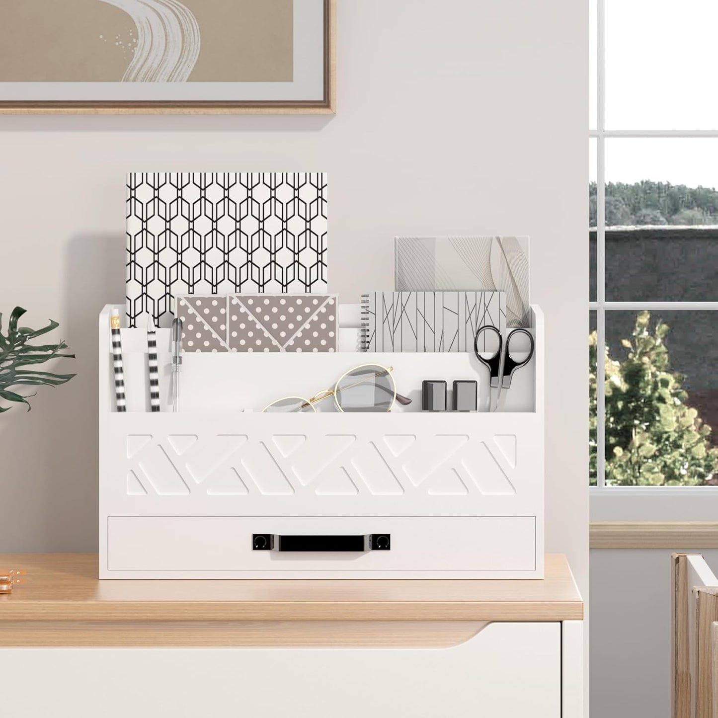 Bamboo Mail Organizer Countertop Wood Desk Organizer Drawer Tabletop Storage Box Letter Sorter Makeup Organizer for School Home Office Supplies White