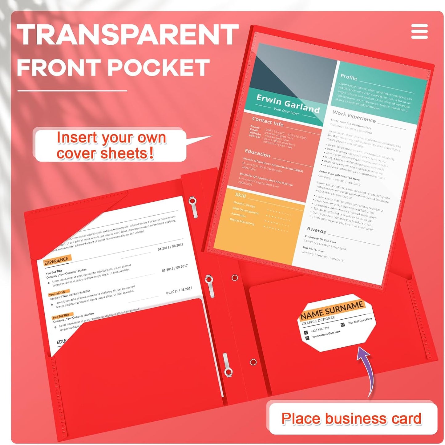 Henoyso 18 Pcs Plastic Folder with Clear Front Pocket and 3 Prong Plastic Folders with Card Slot Pocket Folders with Prongs for School Office (Red)