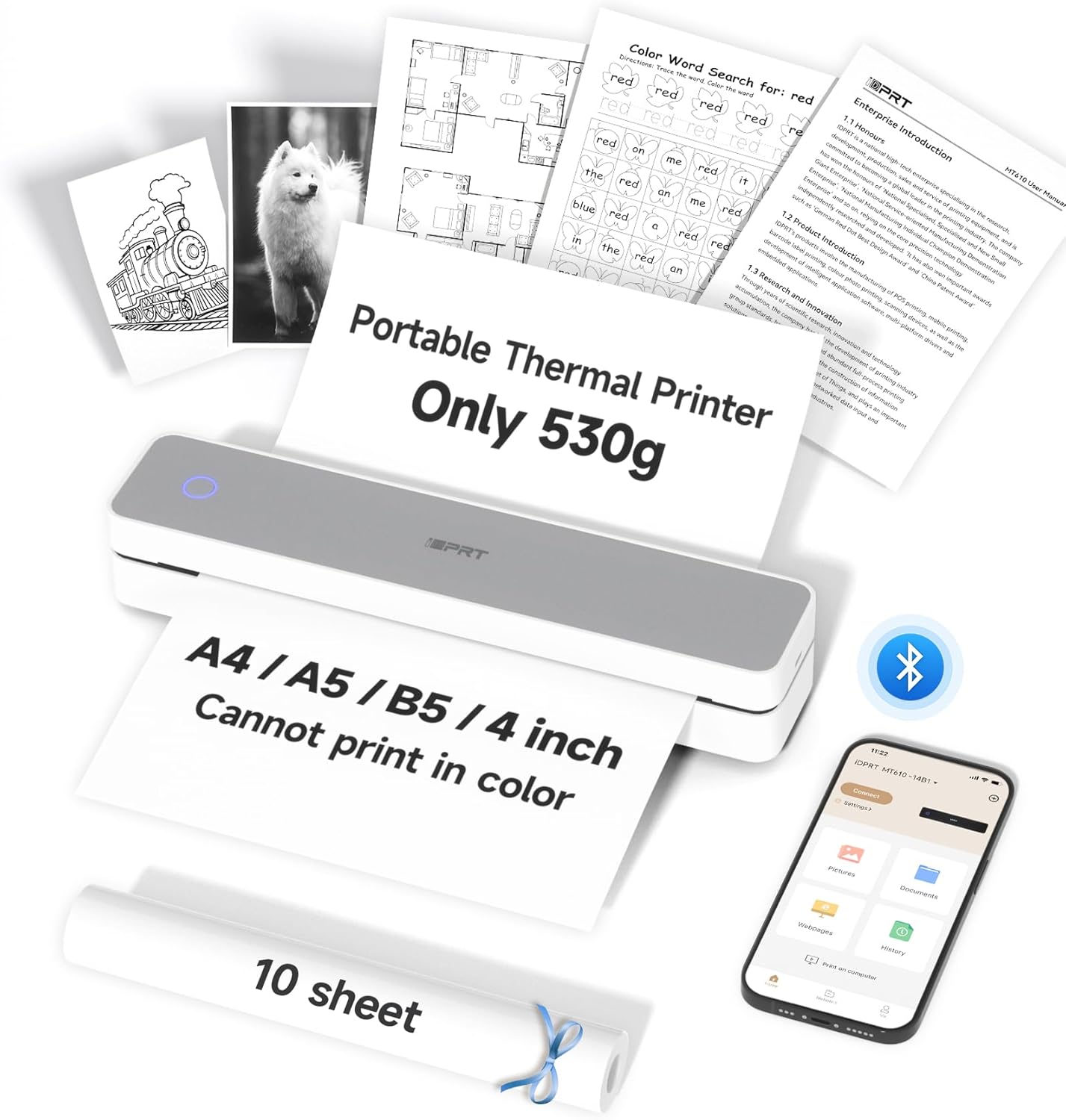 iDPRT MT610 Portable Thermal Printer, Mobile-Travel-Printers, Inkless-Wireless-Small-Printer for Home Use, Office, Vehicles, Bluetooth Printers Supports 8.5" x 11" US Letter & A4 & A5 Size