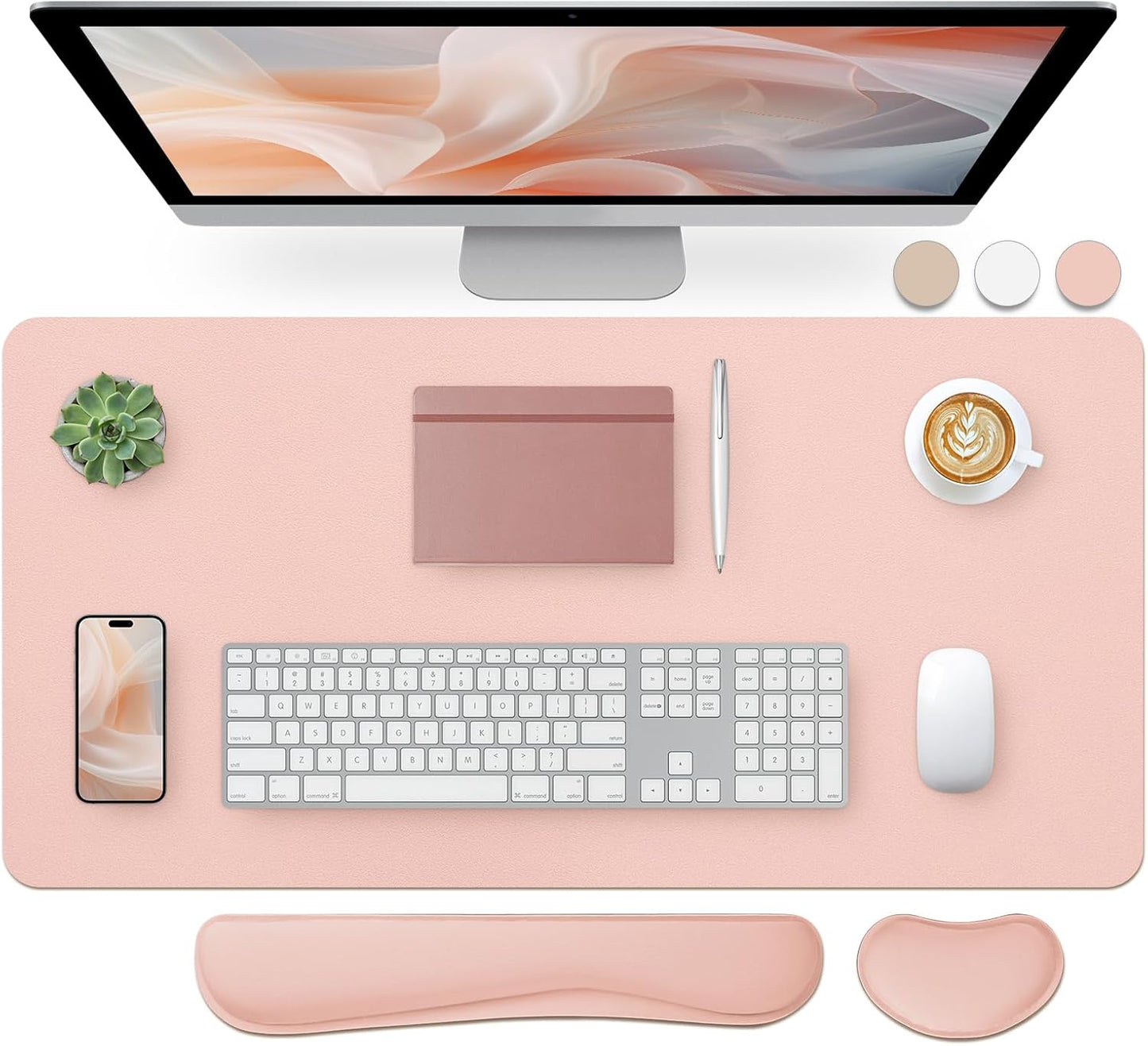 Bloss Leather Desk Pad and Keyboard Wrist Rest, Large Mouse Pad + Keyboard Pad+Mouse Wrist Support, Non-Slip Desk Mat Protector for Office, Home(31.5×15.7 Inches,Pink)