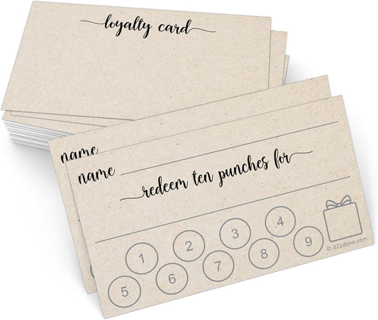 321Done Loyalty Punch Cards, Made in USA - 3.5x2 Customer Reward Card, Redeem 10 Punches or Visit for Prize, Kraft Tan - Set of 50