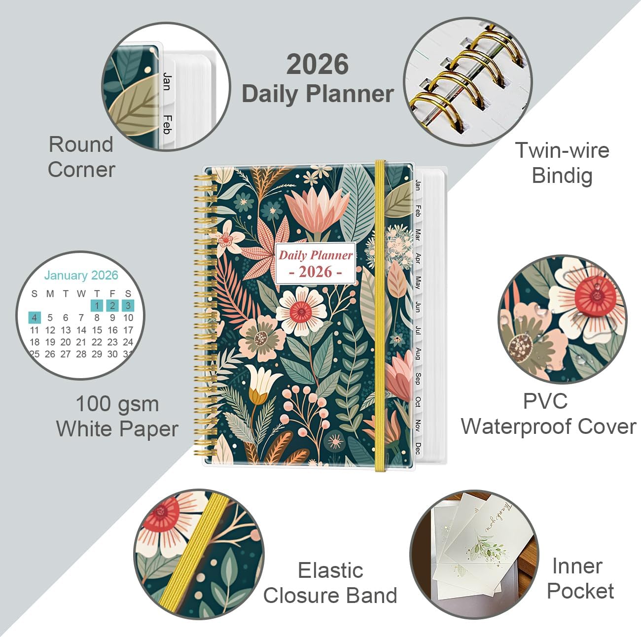 2026 Daily & Monthly Planner - One Page Per Day, Daily Planner from January 2026 - December 2026, Planner 2026 with 12 Monthly Tabs, 8.5" x 11", Flower-A