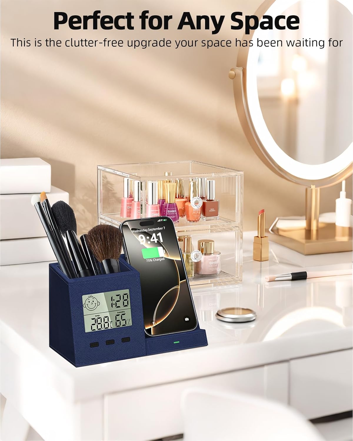 3-in-1 Wireless Charger with Pen Holder, Desk Clocks with Temperature and Humidity, Compatible with iPhone 16/15/14/13/12/11/8Series, Pencil Holder for Desk Home Office, Men Gift Idea Gadget, Blue