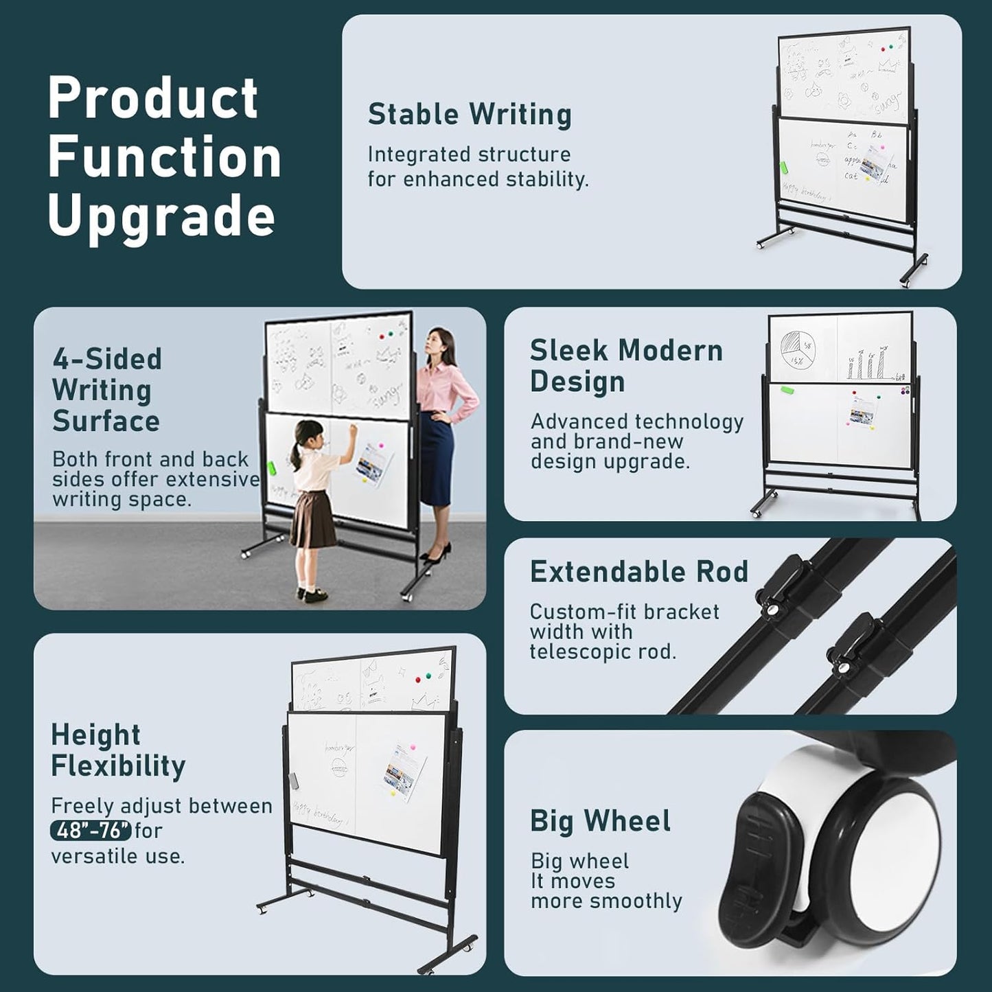 60x48 Inch Large Rolling Dry Erase Whiteboard | Height Adjustable Standing Easel with Wheels | Magnetic Double-Sided Board for Office, Home & Classroom | Teaching Supplies