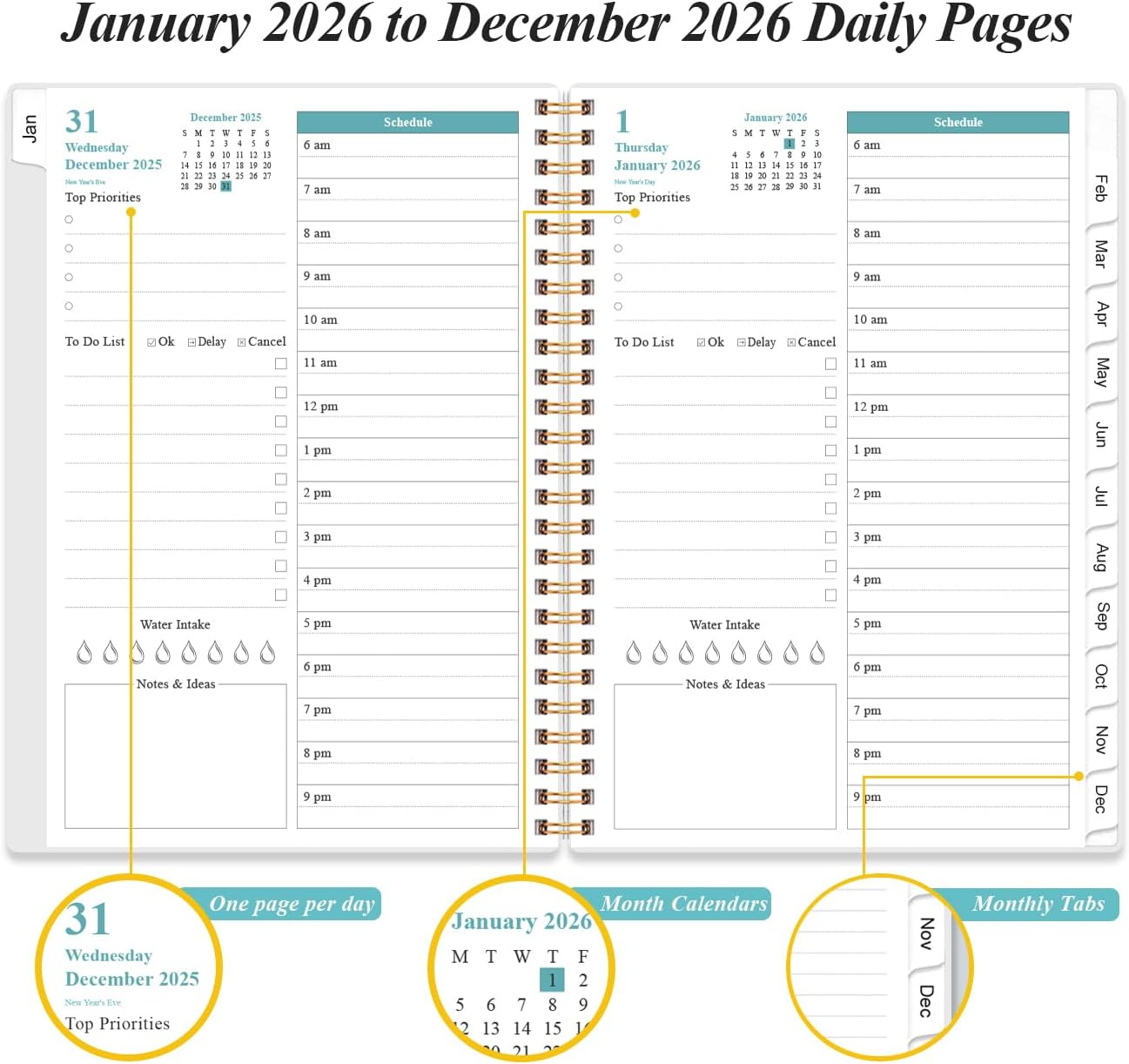 2026 Daily & Monthly Planner - One Page Per Day, Daily Planner 2026 from January 2026 to December 2026, Planner 2026 with 12 Monthly Tabs, 6.4" x 8.5", Flower-B