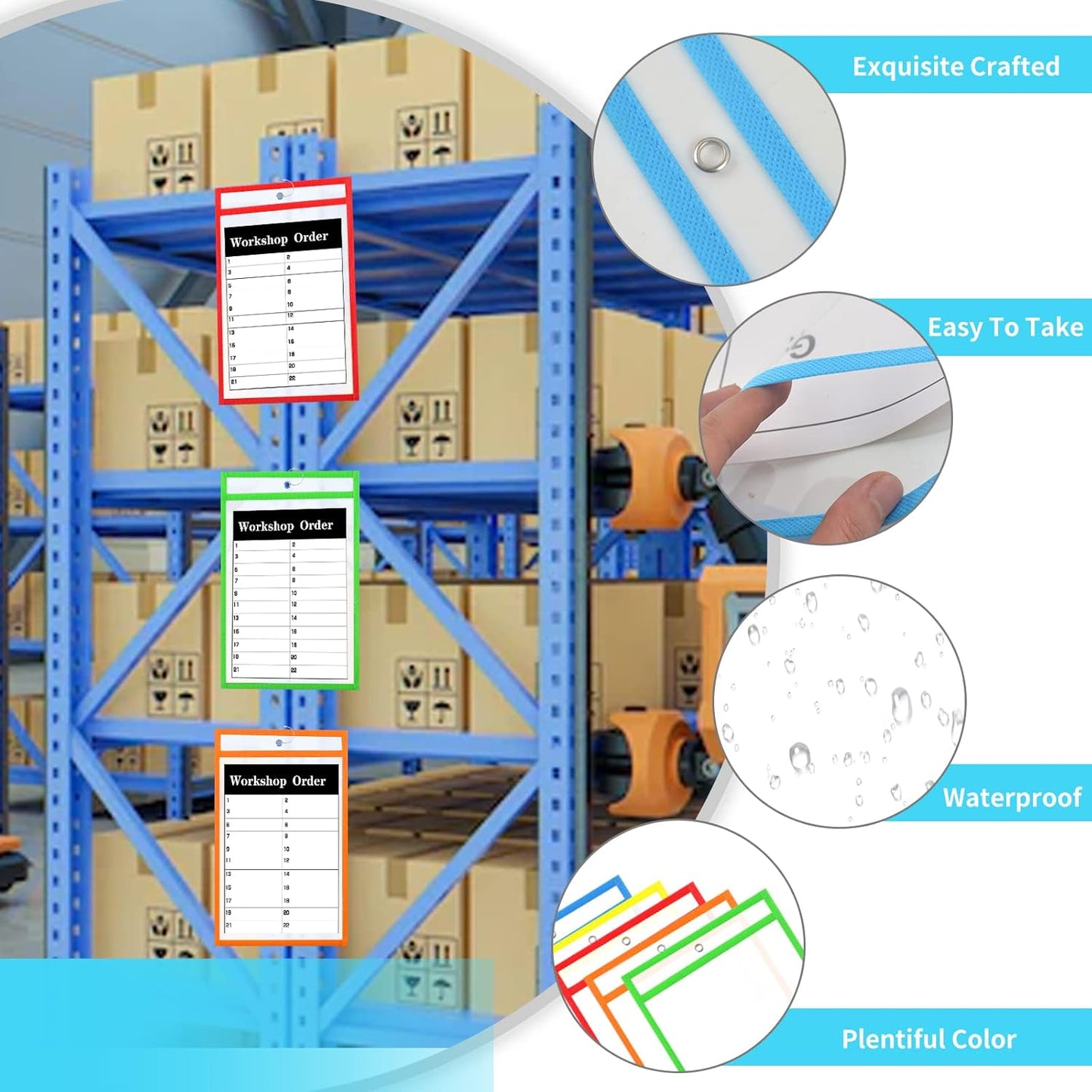 50 Pack 6x9 Inch Shop Ticket Holders - 5 Assorted Colors Dry Erase Pocket Sleeves with 5 Rings for Industrial Shop Ticket & Office