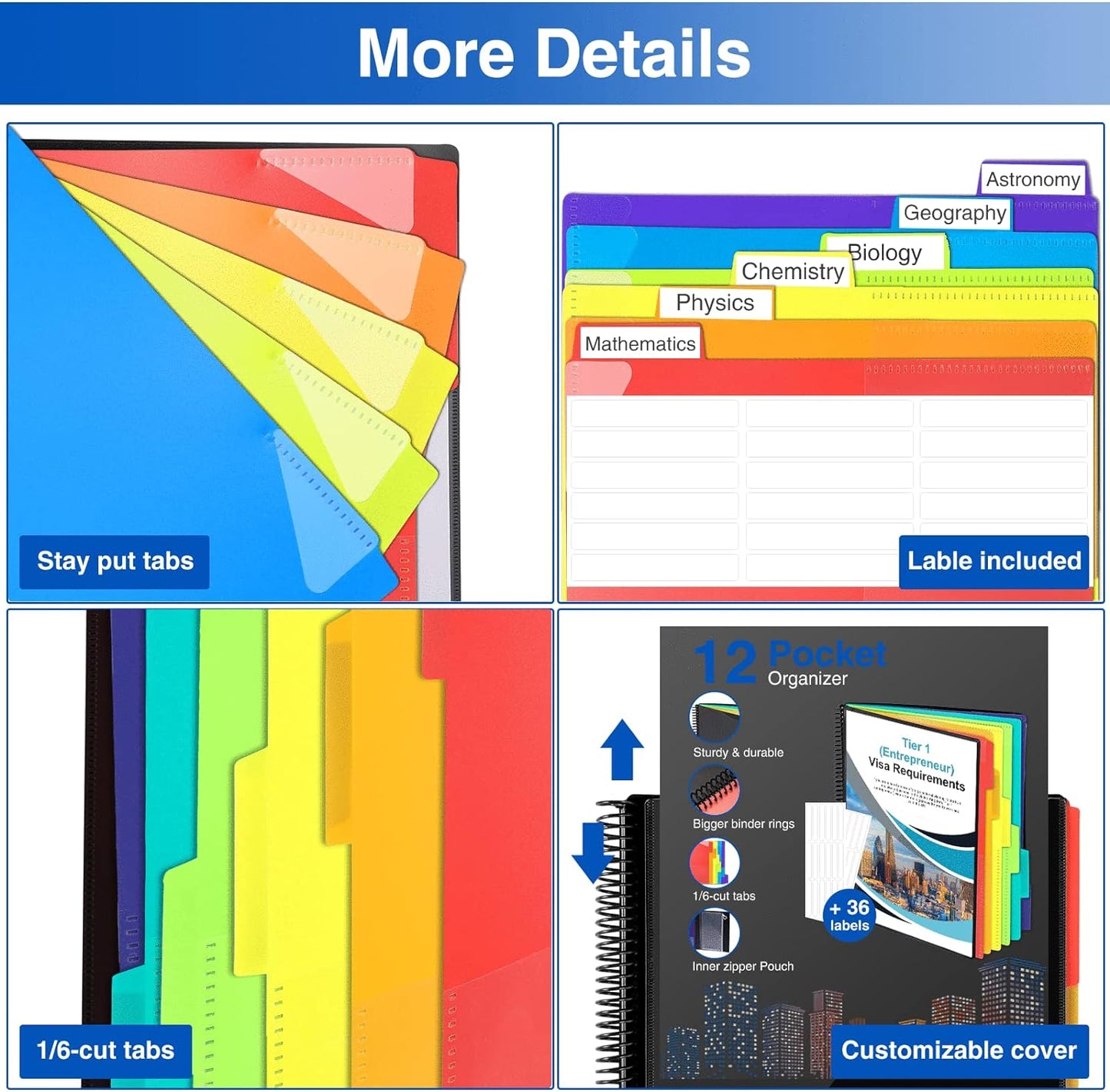 12 Pocket Project Organizer, Forvencer 1/6-cut Tab Binder Organizer with Sticky Labels, Multi Pocket Folder with Zipper Pouch, Folder Binder Spiral Pocket Notebook, Office Supplies, Letter Size, Black