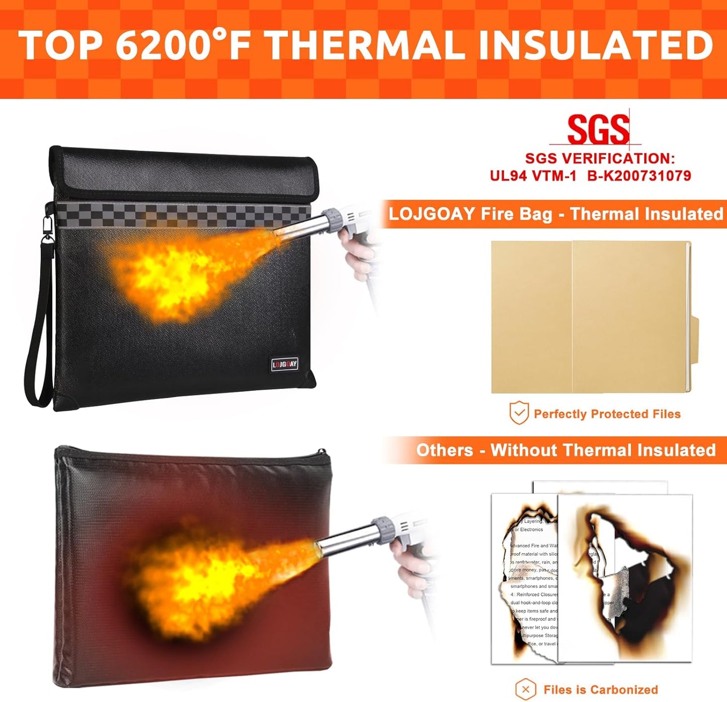 6200°F Fireproof Document Bag with Fireproof Zipper, Fireproof Bag with Reflective Strip, 9 Layers of Heat Insulated Materials, Fireproof Money Bag for Cash, 13"x11" Fireproof Pouch with Hand Strap