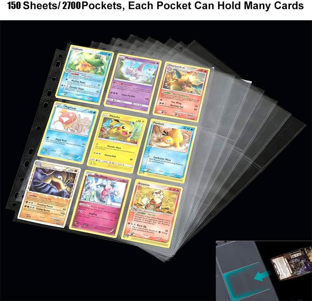 2700 Pockets Trading Card Sleeve Pages,150 Pack Double Side 9-Pocket Trading Card Binder Sleeves Page Protectors Sheet for Standard Size Sport Cards, Baseball Cards, Game Cards for 11 Ring Binder