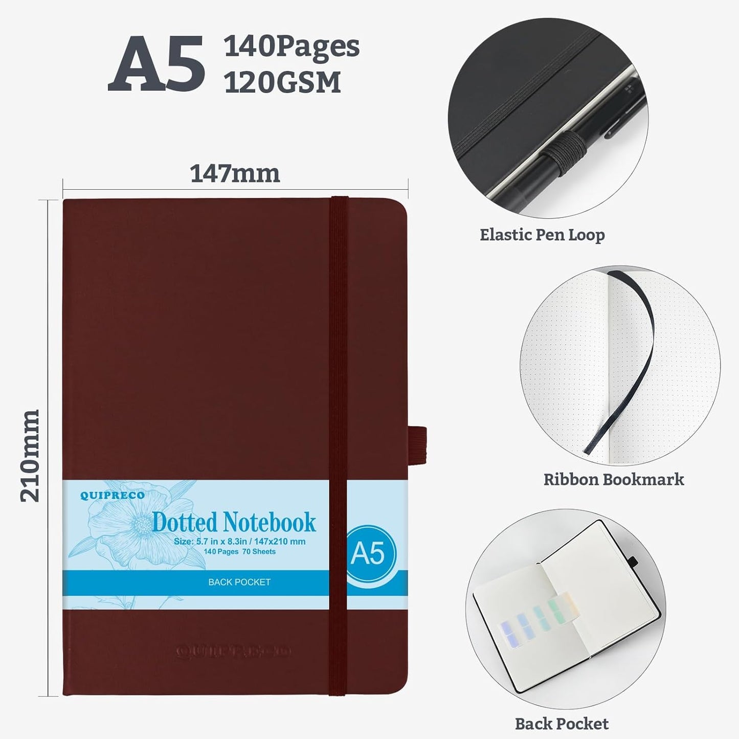 2Pack Bullet Dotted Hardcover Journal Notebook, A5 140 Pages 120Gsm Thick Paper for School,Note Taking,Work,Diary，5.7"*8.3",Burgundy