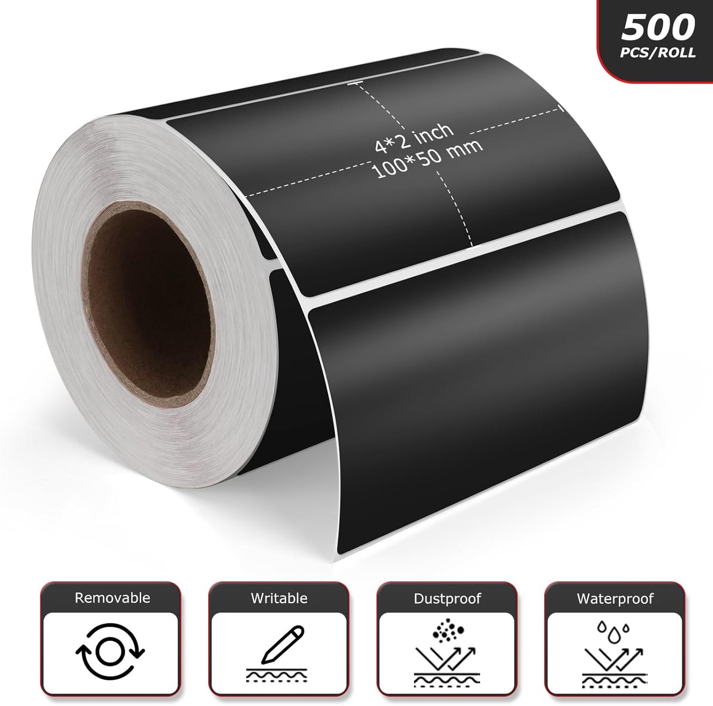 Black Rectangle Stickers 4 x 2 Inch Color Coding Labels Vinyl Roll Self-Adhesive Waterproof Removable 500 PCS