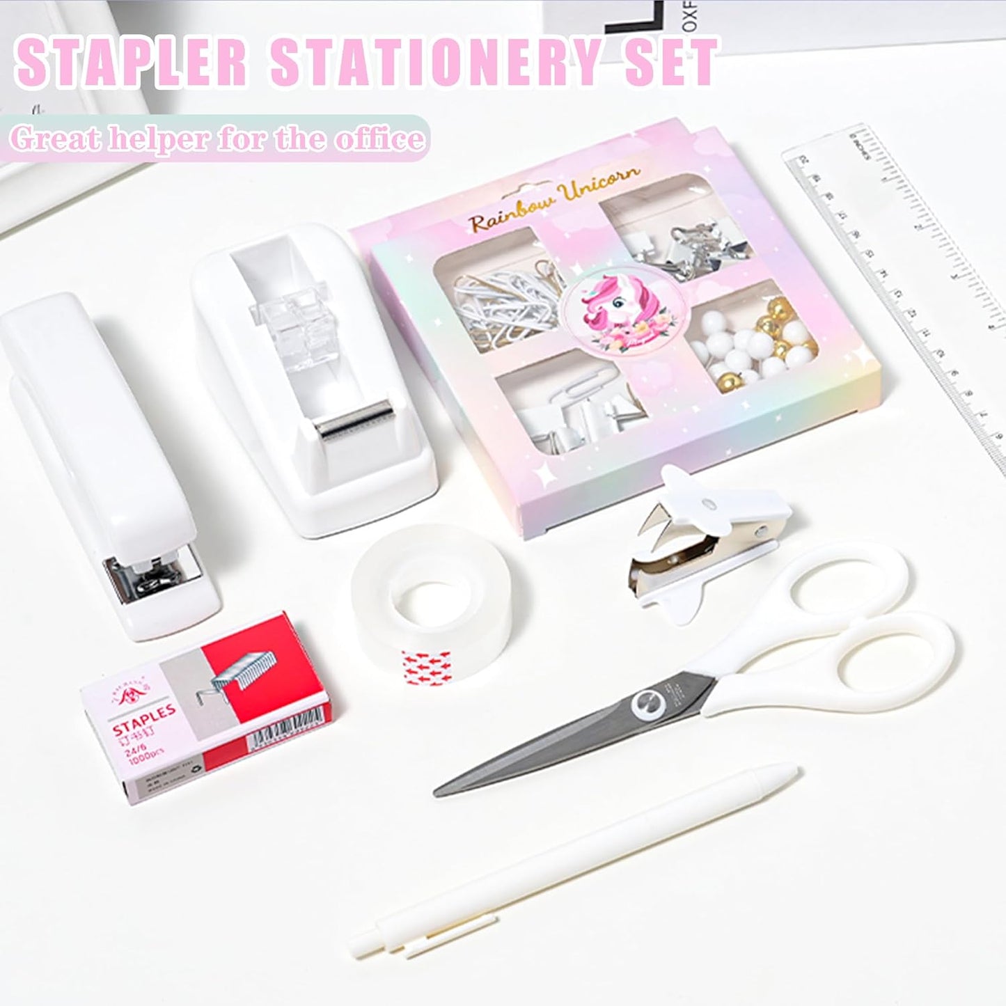 Desk Accessories with Pen Holder, Office Supplies Desk Organizers and Accessories, Tape Dispenser, Stapler, Staple Remover, Staples, Clips Set, Ruler, Scissor, Pen, Tape (White)