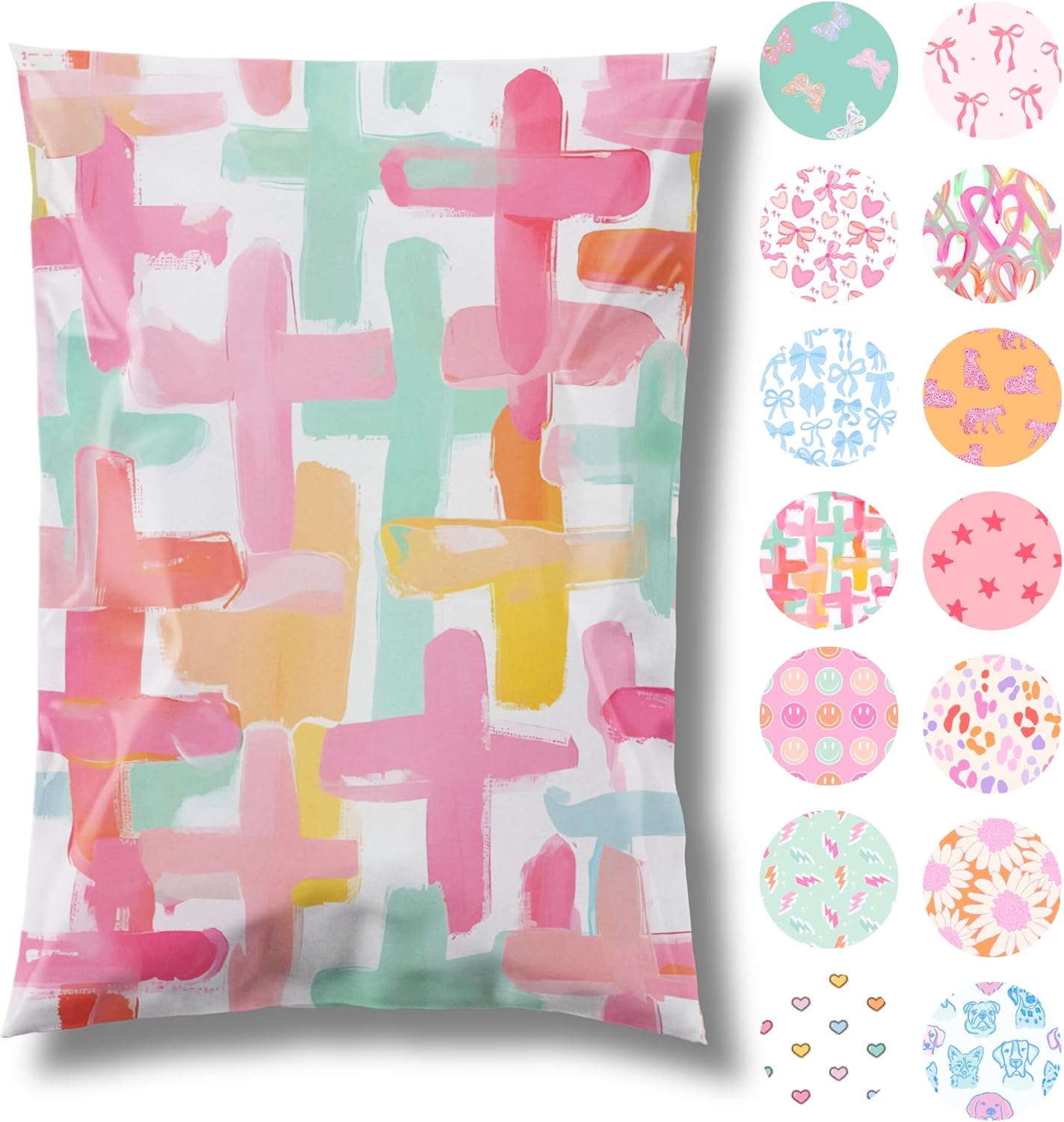 14.5x19 Designer Poly Mailer 100 Pack Heavy Duty Waterproof Self Seal Shipping Bags for Small Business Large Mailing Envelopes Bulk Tear Resistant Packaging Pastel Crosses Faith