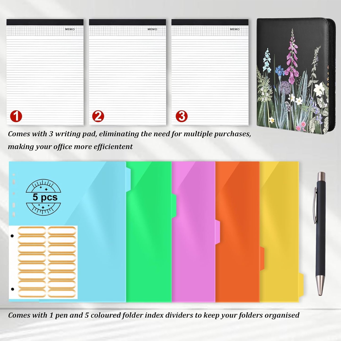 Leathario Portfolio Binder, Includes 5 Folder Index Dividers and 3 Notepads, 3-Ring Folder Organizer, Padfolio with Zipper, Vegan Leather Tablet Sleeve, Business Office Conference Clipboards