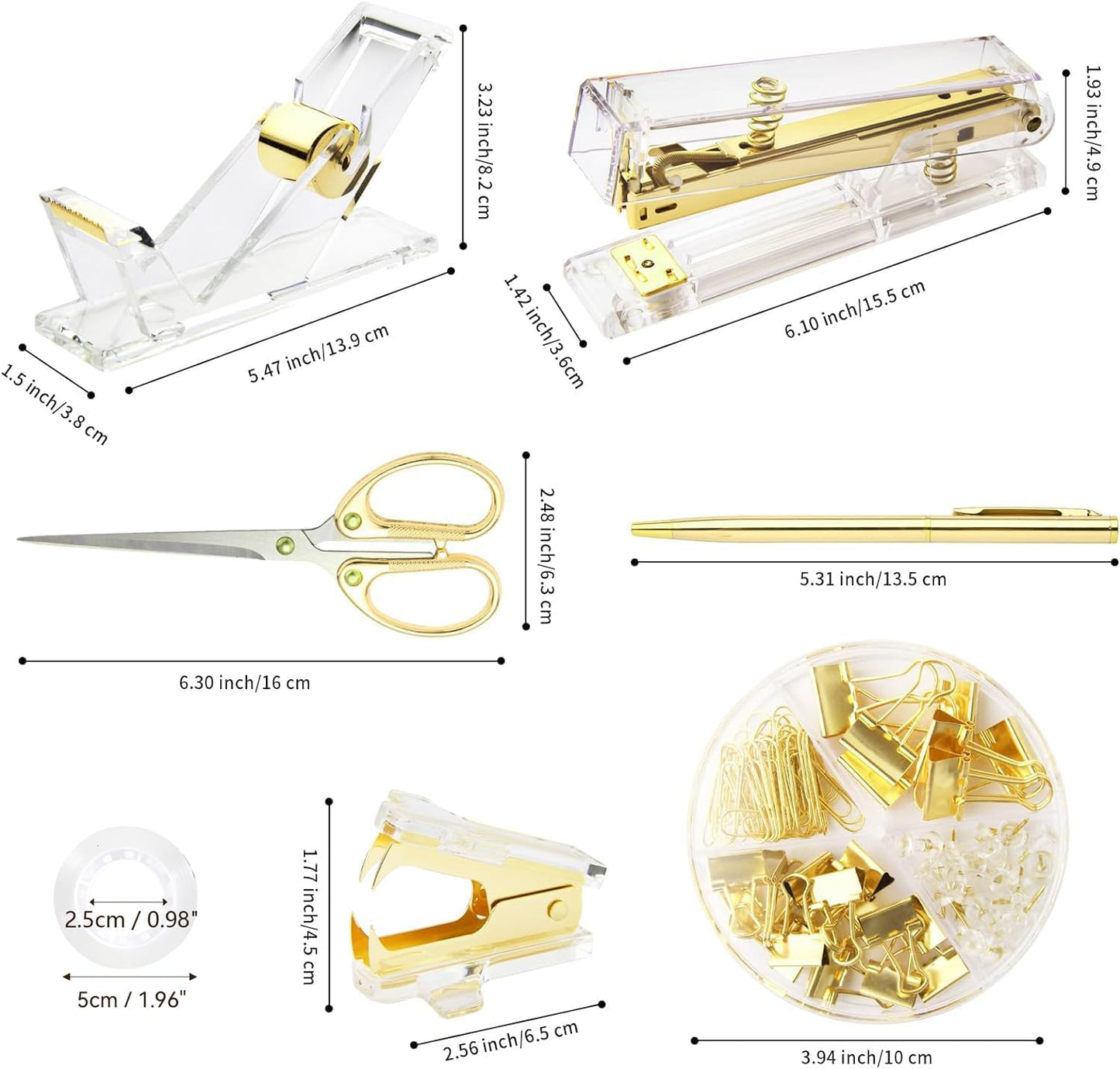 Gold Desk Accessories, Office Supplies Set with Acrylic Stapler, Tape Dispenser, Staple Remover, Pen Holder, Scissor, Binder Paper Clips, 1 Ballpoint Pen, 1 Clear Tape and 1000pcs Staples